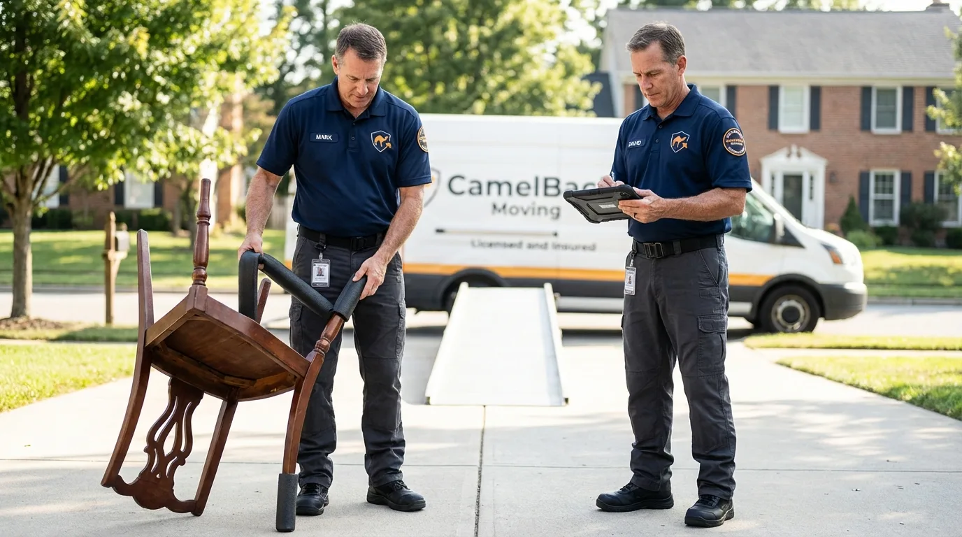 Movers inspecting furniture for damage prevention before loading in Galveston, IN