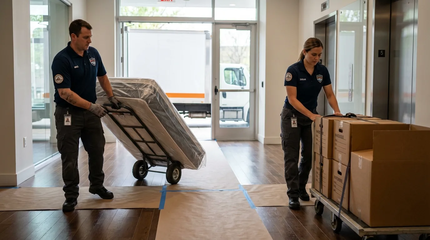 Professional apartment movers loading elevator in Galveston, IN