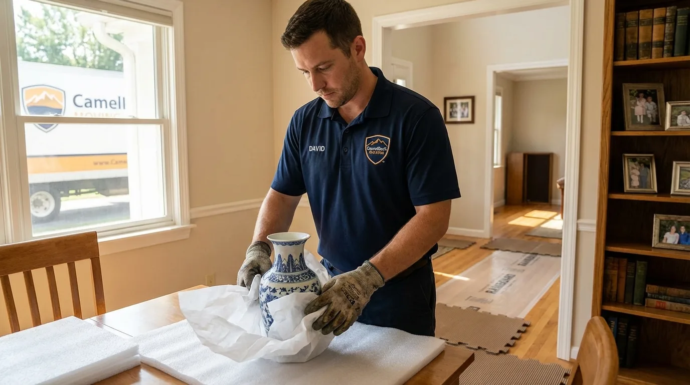 Professional crew carefully wrapping antique vase for senior downsizing move in Galveston, IN