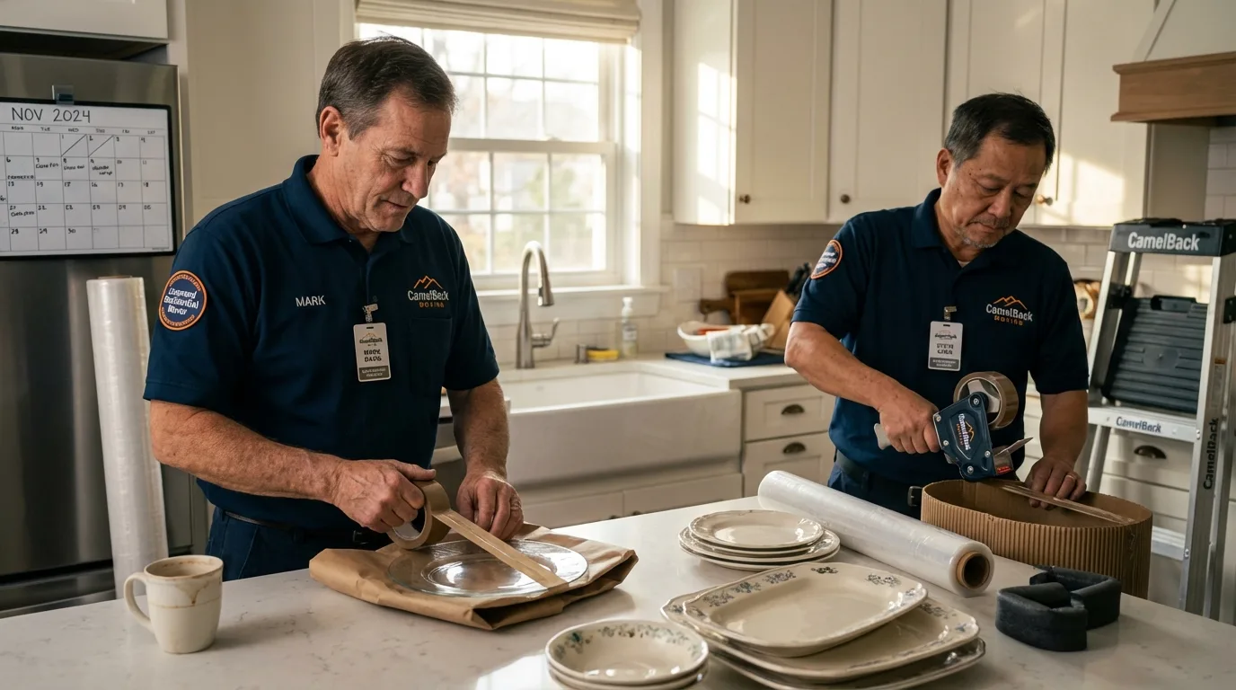 Professional crew packing kitchen dishware in Galveston, IN